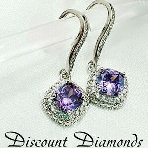 18K White Gold 925 Cushion Cut 4 ct Purple Topaz Earrings Clear White Baguettes
